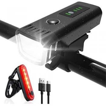 Luz Bicicleta Potente Delantera y Trasera LED Set, Ajuste Automático de Brillo Luz Bici de Carretera y Montaña, Impermeable Recargable USB Luces Bicicleta Duración con 4 modos y Indicador de Batería