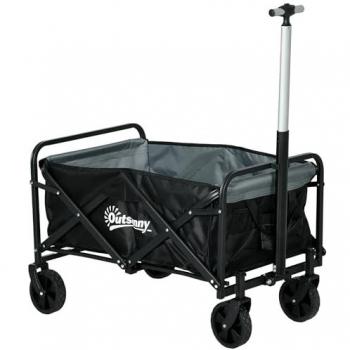 Outsunny Carro de Jardín Plegable con 4 Ruedas, Longitud y Ángulo del Mango Ajustables, Capacidad 70 L, Carga 80 kg, para Playa y Campaña, Color Negro