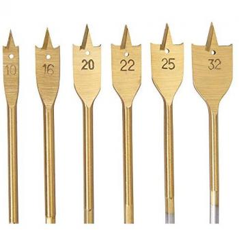 Juego de 6 brocas planas con revestimiento de titanio para madera, tamaños de 10 a 32 mm