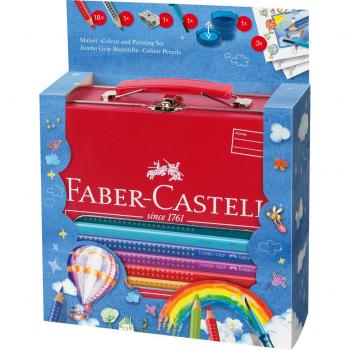Faber-Castell 201312 - Maletín escolar de metal con 18 ecolápices de colores jumbo Grip, 1 ecolápiz triangular de grafito jumbo Grip, 1 pincel Clic&Go, 1 vaso de agua Clic&Go y 1 afilalápices