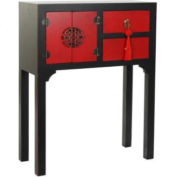 Consola de diseño en abeto y MDF con detalles en negro y naranja