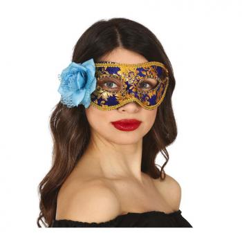 Antifaz Azul y Dorado con Flor