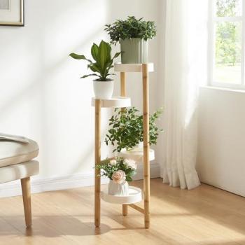 Soporte para Plantas Sastamala de 4 Niveles en Bambú y Plástico - 85 x 32 x 32 cm - Blanco y Natural