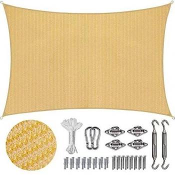 Sekey Toldo Vela de Sombra Rectangular HDPE Protección Rayos UV Resistente Permeable Transpirable para Patio, Exteriores, Jardín, con Cuerda y Kit de Montaje, Beige 3×5m