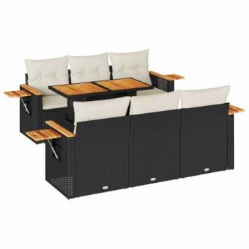 7-Piece Black Poly Rattan Garden Sofa Set with Cushions and Acacia Wood Accents