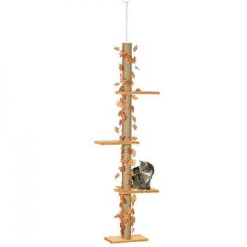 Pawhut Árbol para Gatos de Suelo a Techo 202-242 cm con 3 Plataformas, Postes Rascadores, Altura Ajustable y Decoración de Hoja de Arce Naranja
