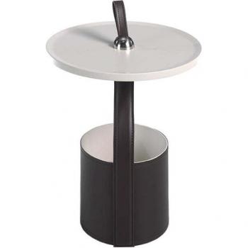 Mesa rincón redonda polipiel marrón chocolate Angel Cerda 2067C, Beige | Marron | Crema, Acero Negro, Ø45 x 63 cm
