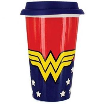 DC Comics Wonder Woman Taza de viaje de porcelana | Taza reutilizable | Termo aislado de café y té | Fácil de limpiar | Aislamiento de doble pared | Capacidad de 355 ml | A prueba de derrames