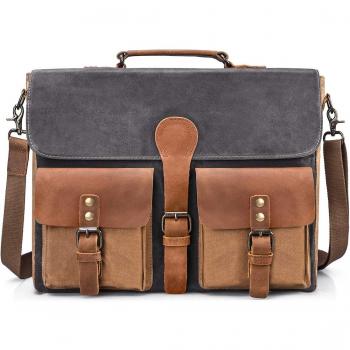 NEWHEY Bolsa Mensajero Hombre 15.6 Pulgadas Vintage Maletin Portatil Ordenador Bolso Bandolera Trabajo Cuero Lona Gris