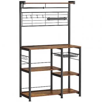 Estantería de Cocina con Isla, Tira Magnética para Cuchillos, Cesta de Alambre, Soporte para Rollos de Cocina y 12 Ganchos, disponible en Greige, Marrón Rústico, Roble