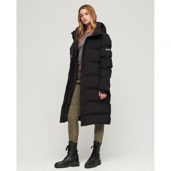 Superdry - Abrigo largo acolchado con capucha y diseño de plumas para mujer