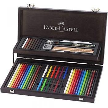 Faber-Castell 110088 - Estuche de madera de 24 piezas con equipo básico de las 3 gamas, ecolápices polychromos, tizas, grafitos y accesorios