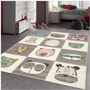 Alfombra Infantil Cuadrada 140x140 cm Motivos Animales Grises Zoo Too de Polipropileno