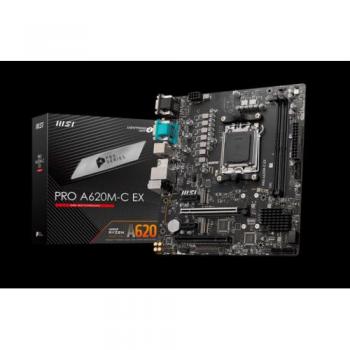 MSI Pro A620M-C EX Placa Base para AMD AM5 con 2 Ranuras DDR5, 128GB de Capacidad, Conectividad VGA+DVI+HDMI+DP, GBLAN Integrado, 4 Puertos SATA6.0 + 2 M.2, 4 Puertos USB3.2 + 1 Tipo-C - Formato MATX