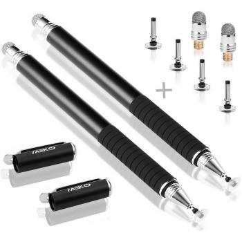 MEKO [2 in 1 Precision Series] Universal Disc Stylus Pens for Capacitive Touch Screens with 6 Replacement Tips - Twin Pack (Black/Black)