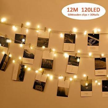 Foto Clip Cadena de Luces LED,Tomshine 12m 120 LEDs Guirnalda Luces Pilas 50 Pinzas Para Fotos,2 Iluminación Modos,Guirnalda de Luces para Decoración de Fotos