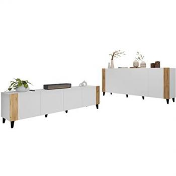 Conjunto de salón Charlotte 185, Muebles de Aglomerado Laminado y MDF, Blanco y Craft Roble, con Mesa para TV, Dimensiones 83 x 42 cm