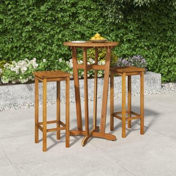 Juego de jardín de 3 piezas en madera maciza de acacia con mesa y taburetes altos, color marrón