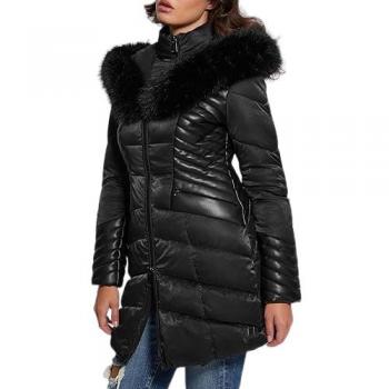 Guess Faux Fur Hood Puffer Jacket, Women's Winter Quilted Jacket in Black, Size: S