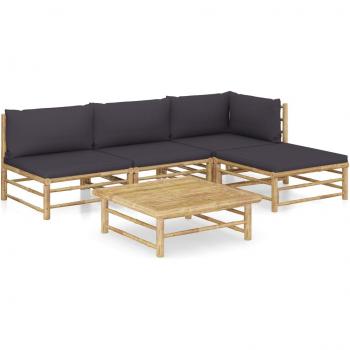 5-Piece Bamboo Garden Lounge Set with Dark Gray Cushions