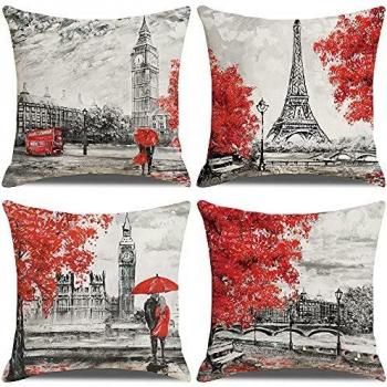 LAXEUYO Juego de 4 Cojin Fundas 45x45 cm, Torre Eiffel Big Ben Algodón Lino Decorativa Hogar Almohadas Fundas para Sofá Cama Decoración para Hogar