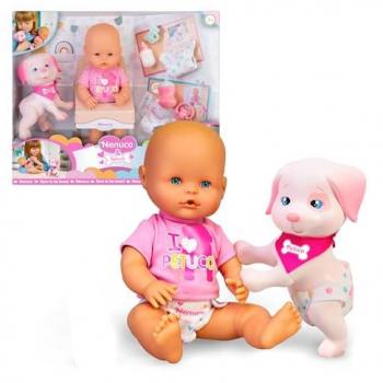 Nenuco & Petuco, Muñeco Bebé de 35 cm y Cachorro Petuco de Cuerpo Duro, Accesorios Incluidos: Camiseta, Pañal, Chupete y Biberón, Re
