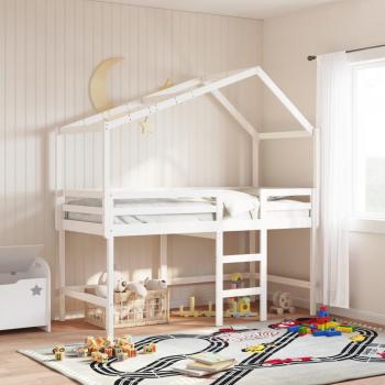 Cama alta con escalera y techo de pino macizo blanco 90x190 cm