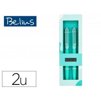 Belius Bari Set de 2 Bolígrafos, Color Celeste, Punta de 1 mm, Tinta Azul en Caja de Regalo