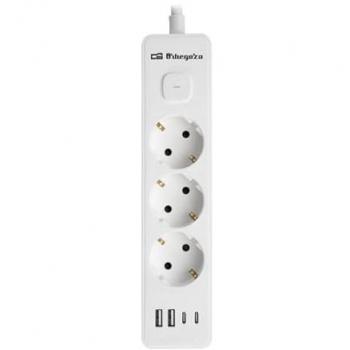 Regleta eléctrica Orbegozo 7 en 1 con 3 enchufes VDE, toma de tierra, 2 conexiones USB-A, 2 USB-C, potencia de 3680W y cable de 1.4 m