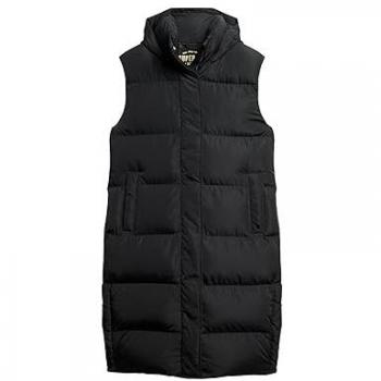 Chaqueta Puffer Longline con Capucha para Mujer en Negro, Acolchada, Sostenible y de Poliéster Reciclado
