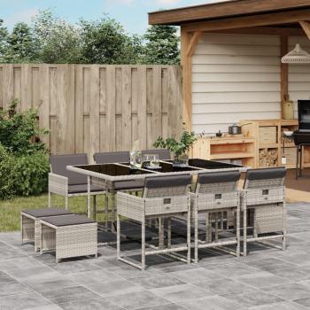 Set de almuerzo de jardín 11 piezas con cojines de Polyrattan gris claro