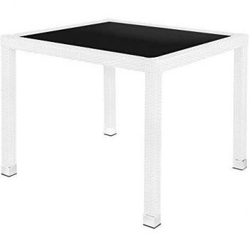 Ldk Garden Mesa de comedor ratán plástico y cristal templado para exterior 90x90x76 cm Blanco