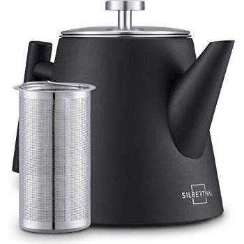 SILBERTHAL Tetera de acero inoxidable 1 litro | Mantiene el té Caliente | Tetera con Filtro para infusiones | Tetera negra Individual con infusor | Teapot Grande