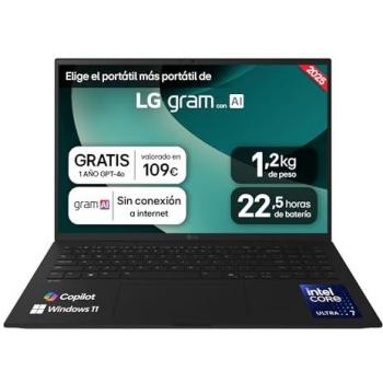 Portátil LG Gram 16 Ultra7, 32GB RAM, 1TB SSD, WQXGA IPS, Windows 11, Ligero (1.2 kg), Batería hasta 22.5h, Antir