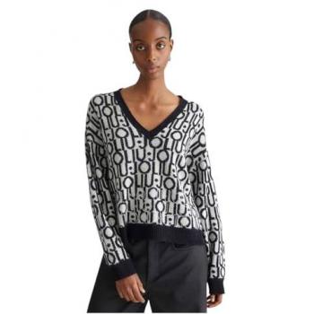 Liu Jo Women's Regular Fit V-Neck Knit Sweater with Jacquard Logo in White and Black