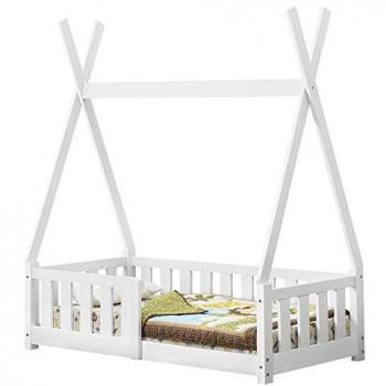 Cama infantil Helsingborg tipo tipi de pino con reja de seguridad 140x70 cm - Blanco mate