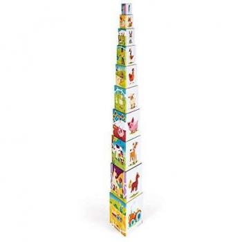 Janod - Pirámide Triangular la Vida En la Granja - Juguete de Estímulo para Bebés - Juguete para Apilar y Encajar Aprender Las Nociones de Tamaño y Los Números - A partir de 1 Año, J02651