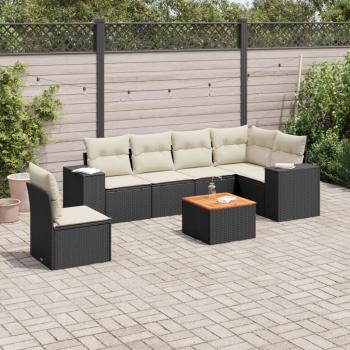 7-Piece Black Poly Rattan Garden Sofa Set with Cushions