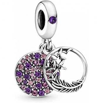 Pandora Pave Feather Dangle Charm in Silver with Pink and Purple Zirconia