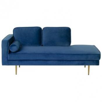 Chaise longue de terciopelo azul oscuro izquierda, tapizado en terciopelo azul marino, patas de metal, diseño moderno