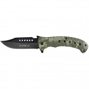 iFIELD Navaja Deportiva asistida Basic EL29031, Mango de Aluminio Color Camo Digital, Hoja Negra de 9,5 cm, con Clip portacinturón, Herramienta de Camping para Pesca, Caza, Actividad Deportiva