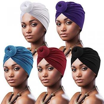 DRESHOW 5 Piezas Africano Turbante para Mujer Gorro de Nudo Pre Atado Suave Pañuelo de Cabeza Plisada de Moda Gorra de Dormi