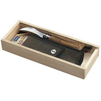 Opinel-Pilzmesser, rostfreier Sandvik-Stahl, Eichenholz,, Wildschweinborsten, Segeltuch-Etui, Holzbox