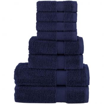Juego de toallas 8 piezas 100% algodón 600 gsm color dorado, azul y azul marino