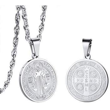 PROSTEEL Medalla San Benito Nursia Cruz Abad Color Plata Proteecion Colgante Cruz Benito Exorcista Católica con Collar 55cm Largo Acero Quirurgico