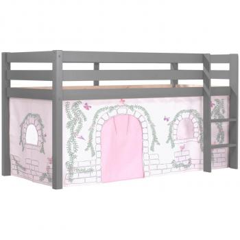 Cama Altillo Pino 90x200 cm con Carpa y Textil Birdy en Madera Maciza Gris