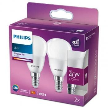 Philips Pack 2 Bombillas Vela Esférica LED E14 4.9W Blanco Frío