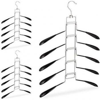 Pack de 3 Perchas Múltiples Antideslizantes, 5 por Gancho, Ahorra Espacio, Hierro-PVC, Color Negro