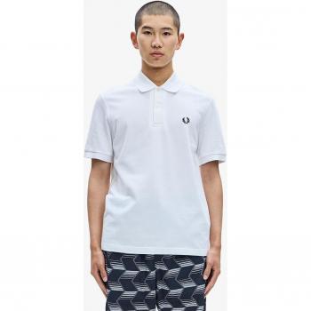Fred Perry Men's Original Plain Polo Shirt in White/Black, Size Medium