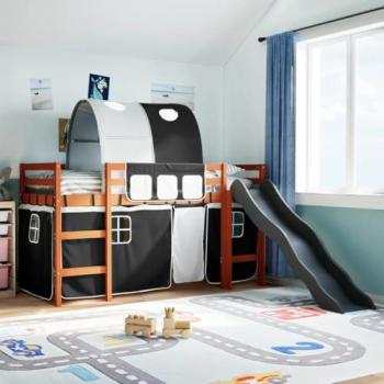 Cama Alta Niños con Túnel Madera Pino Blanco Negro 90x190 cm
